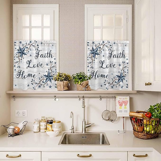 Farmhouse Kitchen Curtains Set 3 Piece for Windows,Rod Pocket Valance and Tier Set 24 Inch Length,Blue Country Texas Star Vintage Berries Wooden Light Filtering Cafe Curtains for Living Room