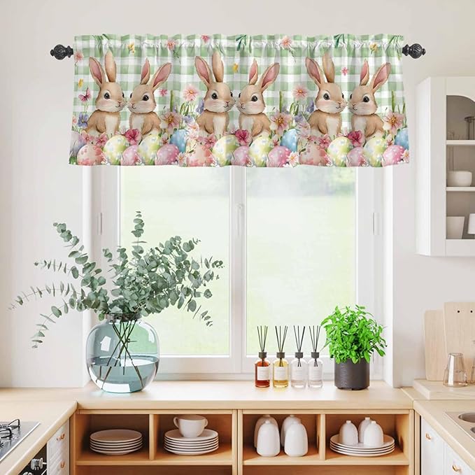 Easter Kitchen Curtains Set 3 Piece for Windows, Rod Pocket Valance and Tier Set 36 Inch Length, Spring Rabbit Eggs Flower Butterfly Green Plaid Light Filtering Cafe Curtains for Living Room Bathroom