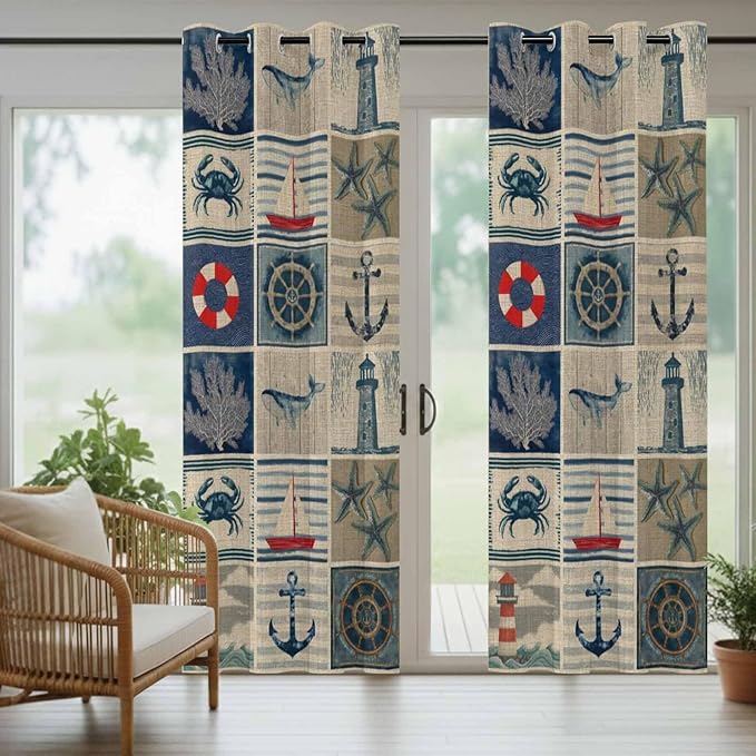 Oceans Outdoor Curtains for Patio Shell Starfish Whales Summer Vintage Waterproof Outside Curtains with Grommet Top Weatherproof Curtain for Cabana Pergola Gazebo, 2 Pack, 54" W x 84" L