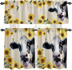 Kitchen Curtains Tiers and Valance Set of 3, Cow Sunflowers Light Filtering Window Curtain Set, Country Vintage Animals Floral Leaves Rod Pocket Curtain Drapes for Cafe, Living Room, 36 Inches Tiers