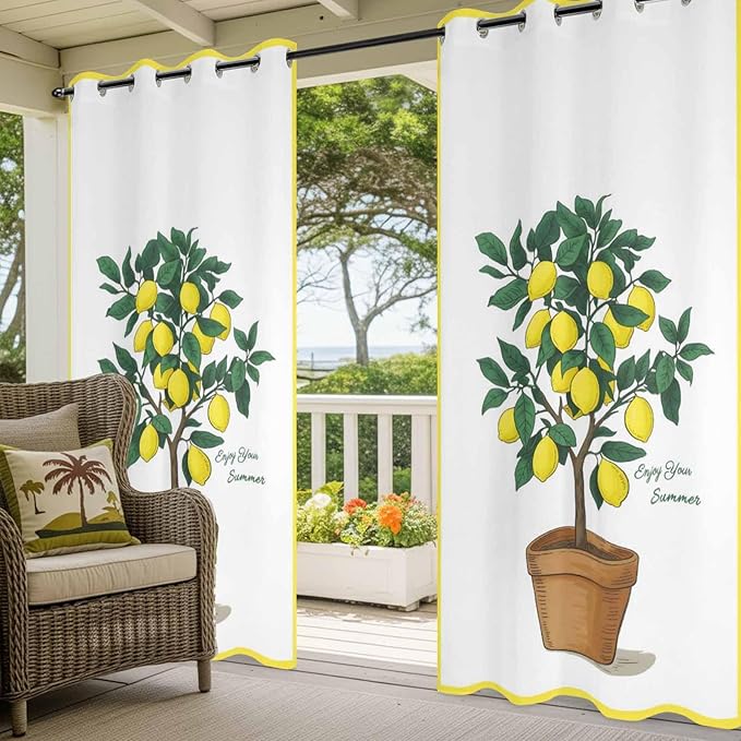 Lemons Outdoor Curtains for Patio Summer Fruit Lemon Tree Waterproof Outside Curtains with Grommet Top Weatherproof Curtain for Cabana Pergola Gazebo, 1 Panel, 54" W x 95" L