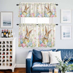 Kitchen Curtains Tiers and Valance Set of 3, Easter Light Filtering Window Curtain Set, Pastoral Spring Bunny Eggs Botanical Flowers Leaf Rod Pocket Curtain Drapes for Living Room, 24 Inches Tiers