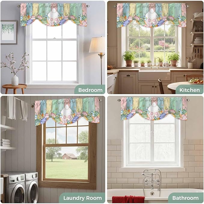 Easter Tie Up Valance Curtains for Windows, Kitchen Curtains Window Shades, Spring Rabbit Ears Foot Eggs Floral Wooden Grain Light Filtering Roman Curtain Valances for Bedroom/Bathroom/Cafe 54"x18"