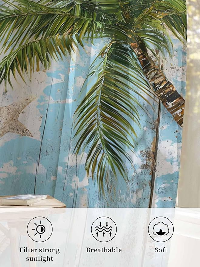 Sheer Curtains 54 Inch Length, Coastal Beach Blue Semi Sheer Curtains Light Filtering Window Treatment, Tropical Coconut Tree Vintage Wood Grain Privacy Voile Drapes for Living Room Bedroom 52x54 Inch