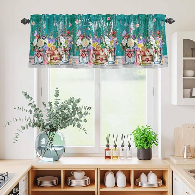 Spring Flowers Kitchen Curtains Set 3 Piece for Windows, Rod Pocket Valance and Tier Set 24 Inch Length, Farmhouse Watercolor Teal Wood Grain Light Filtering Cafe Curtains for Living Room Bathroom