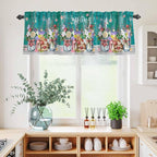 Spring Flowers Kitchen Curtains Set 3 Piece for Windows, Rod Pocket Valance and Tier Set 24 Inch Length, Farmhouse Watercolor Teal Wood Grain Light Filtering Cafe Curtains for Living Room Bathroom