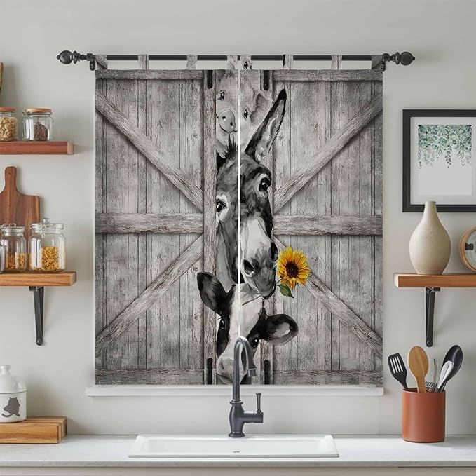 Funny Farm Animals Living Room Curtains 84 Inch Length, Window Curtains Tab Top, Vintage Barn Grey Sunflowers Light Filtering Window Treatments Drapes 42"x84" 2 Panel