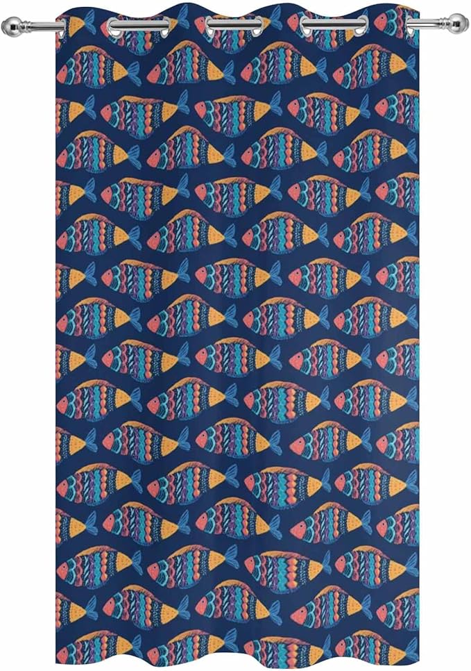 Fish Outdoor Curtains for Patio Vintage National Wind Fish Blue Waterproof Outside Curtains with Grommet Top Weatherproof Curtain for Cabana Pergola Gazebo, 1 Panel, 54" W x 84" L