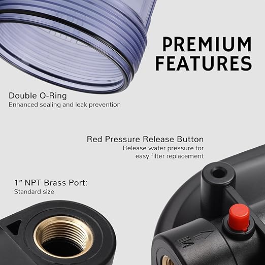 Airthereal Whole House Water Filter Housing, 20" x 4.5" Sediment Carbon Cartridge Universal Housing, Pre-Filtration System for Well and City Water with 1" NPT Port and Include 1-Pack PP Filter