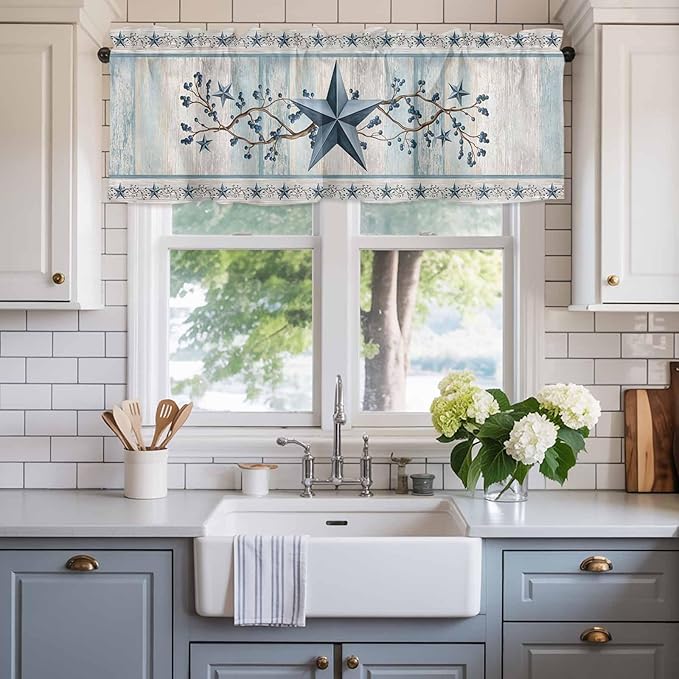 Texas Star Blue Curtain Valances for Windows, Kitchen Valance Window Treatment, Farmhouse Country Branches Wooden Grain Light Filtering Block Curtains for Bathroom/Bedroom/Living Room 60'' x 18''