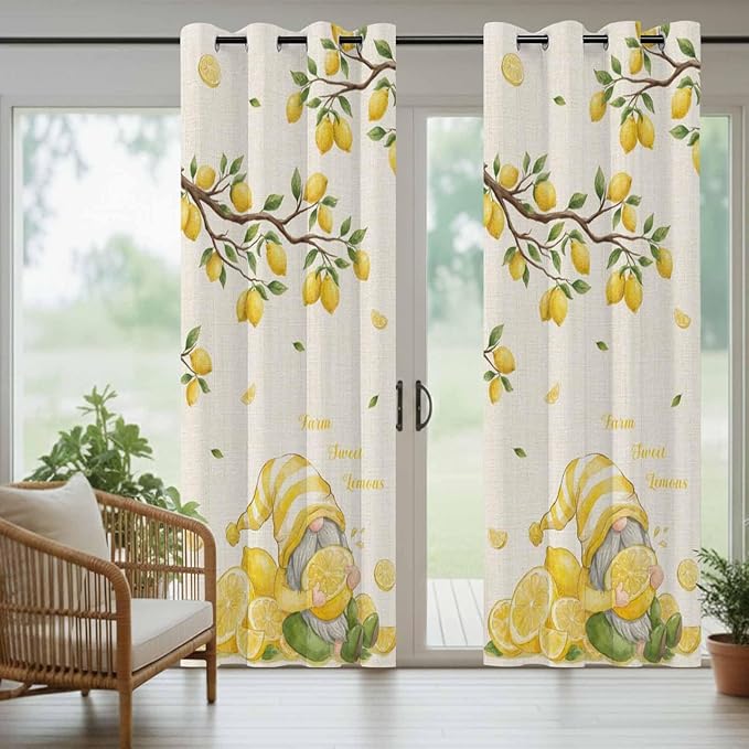 Summer Outdoor Curtains for Patio Lemon Gnome Leaf Linen Texture Waterproof Outside Curtains with Grommet Top Weatherproof Curtain for Cabana Pergola Gazebo, 1 Panel, 54" W x 84" L