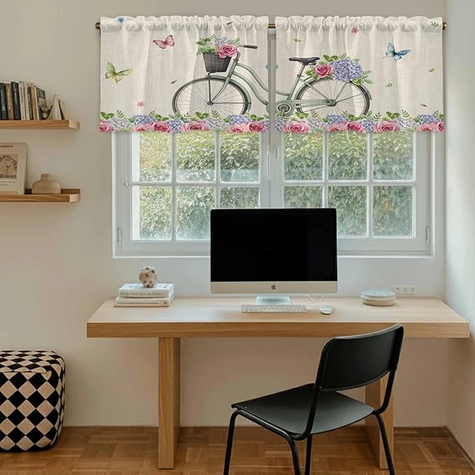 Farmhouse Spring Tier Curtains, Retro Bicycles Flowers Vines Butterfly Light Filtering Kitchen Curtains, 2Pcs Rod Pocket Half Window Treatments Panels for Sink Cafe Cabinet Camper 27.5x36 Inches