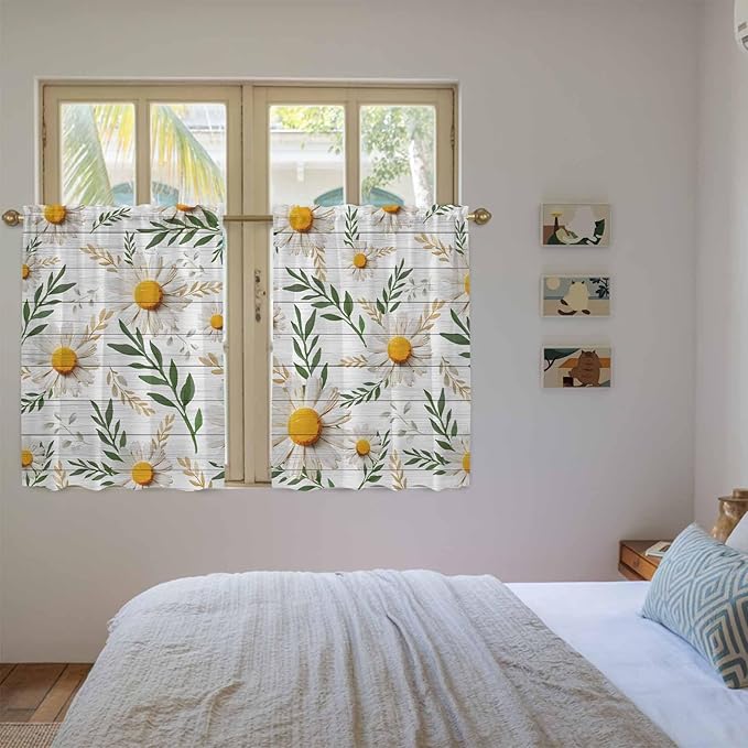 Spring Daisy Kitchen Curtains, Farmhouse Country Flower Leaf Plant Wood Grain Light Filtering Window Curtain Panels, 2Pcs Rod Pocket Window Treatments Set for RV Dining Room Study Room 42x45 Inches