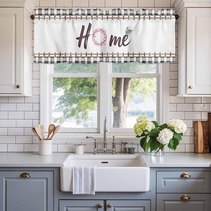 Spring Flowers Curtain Valances for Windows, Kitchen Valance Window Treatment, Watercolor Floral Leaf Black Plaid Light Filtering Block Curtains for Bathroom/Bedroom/Living Room 42'' x 18''