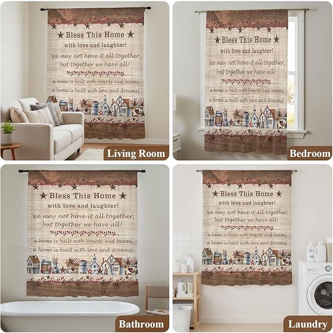Farmhouse Sheer Curtains 63 Inch Length Brown Country Star Berry Vintage Wood Grain Chiffon Curtain for Bedroom Living Room Light Filtering Rod Pocket Window Treatments Voile Curtains Drapes