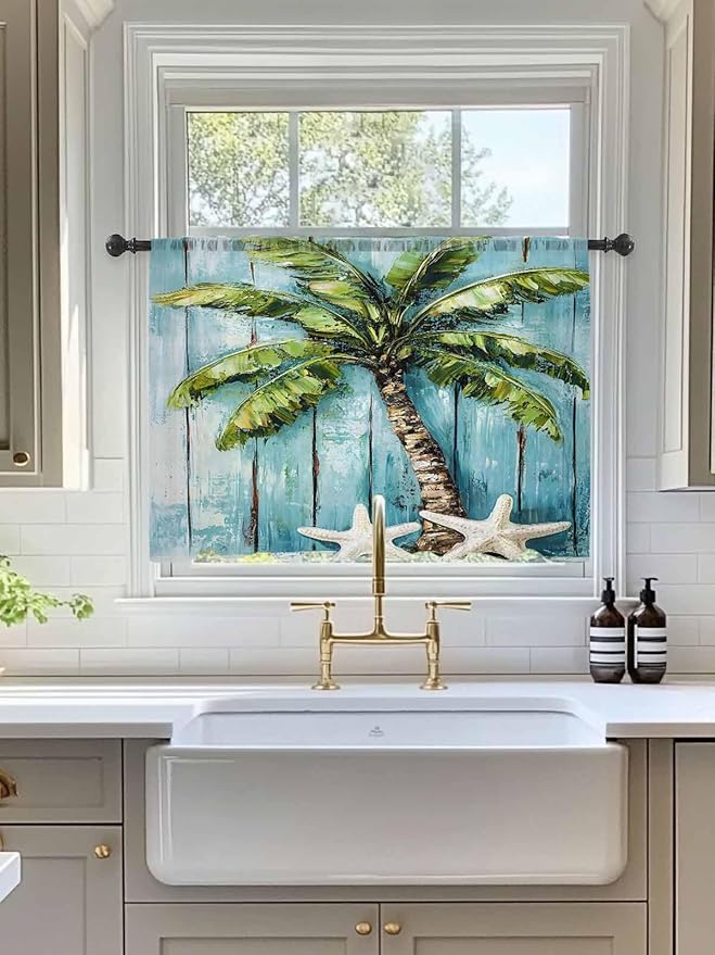Sheer Curtains 45 Inch Length, Coastal Beach Starfish Semi Sheer Curtains Light Filtering Window Treatment, Blue Green Tropical Palm Tree Wood Grain Privacy Voile Drapes for Living Room 52x45 Inch