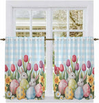 Easter Kitchen Curtains 54 Inch Long 2 Panel Set,Rod Pocket Window Curtains Panels,Spring Bunny Colorful Eggs Tulip Flowers Blue Check Light Filtering Privacy Draperies for Bedroom Laundry 42"W x 54"L