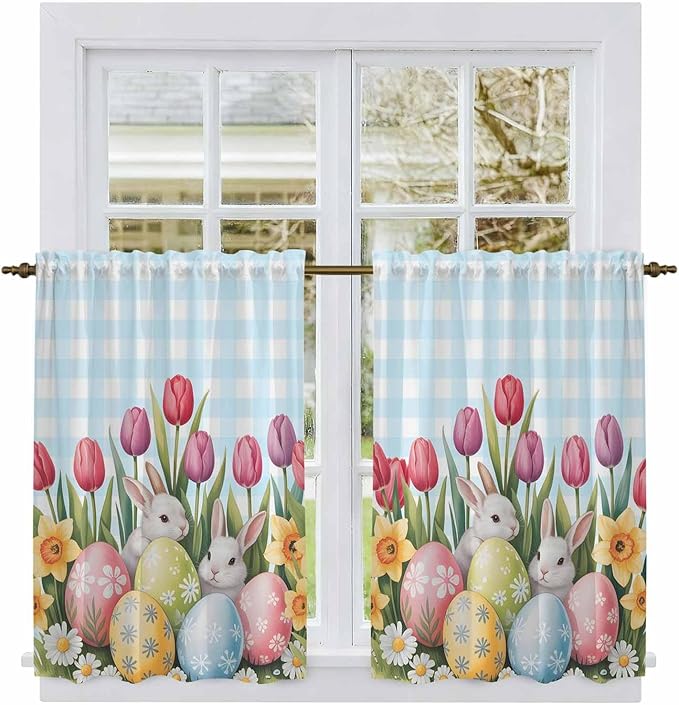 Easter Kitchen Curtains 45 Inch Long 2 Panel Set, Rod Pocket Window Treatment, Spring Bunny Colorful Eggs Tulip Flowers Blue Check Light Filtering Panels Short Drapes for Bathroom Camper 42"W x 45"L