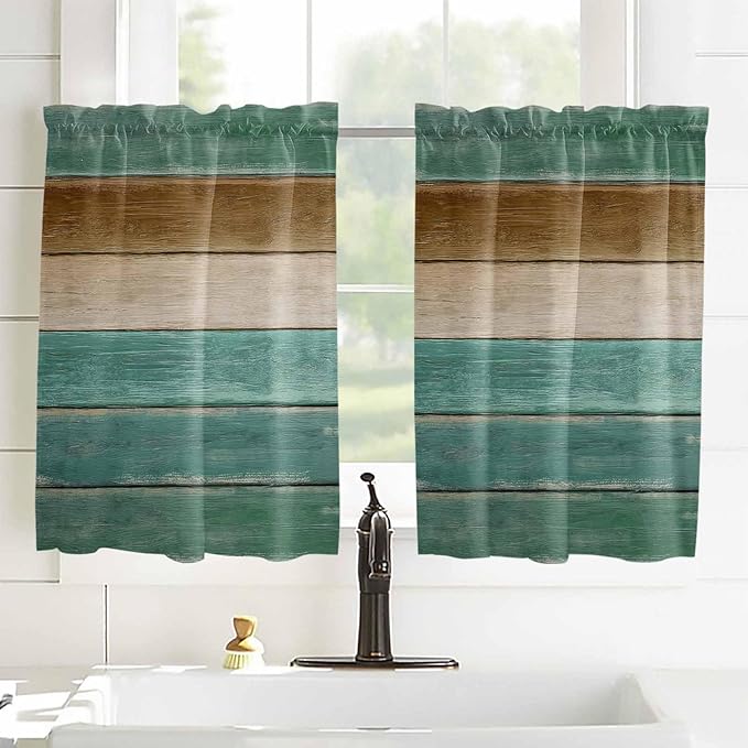 Vintage Plank Turquoise Brown Window Valance Curtains, Farmhouse Wood Grain Light Filtering Kitchen Valance with 3-inch Rod Pocket for Living Room Bathroom Bedroom,2 Panel,52x54In