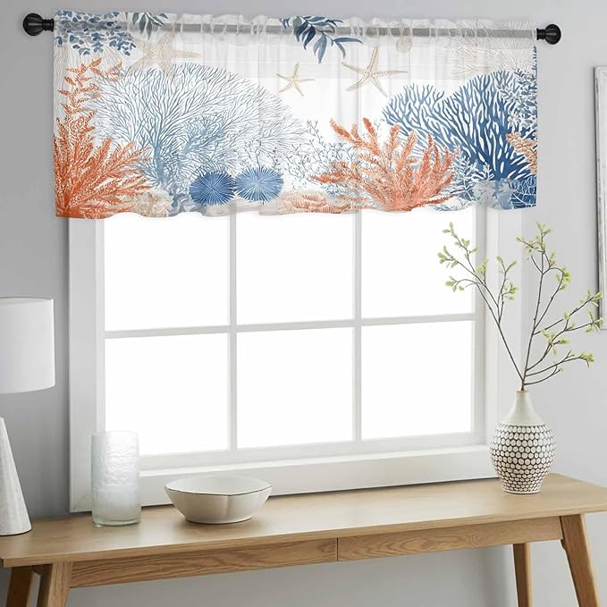 Ocean Corals Sheer Valance Curtains, Summer Beach Coral Sea Stars Light Filtering Kitchen Valances Rod Pocket Voile Curtain Window Treatment for Bedroom/Living Room/Basement 42Wx12L