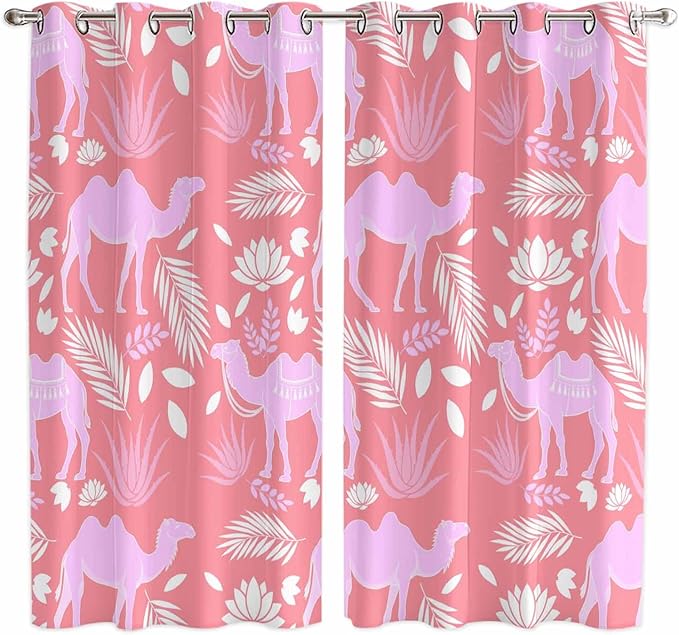 2 Panel Kitchen Cafe Curtains, Desert Camel Sunlight Filtering Nature Air Through, Home Decor Window Covering Tier Curtains for Living Room 80W x 63L inch Vintage Sand Camel Leaves Flower Pattern Pink