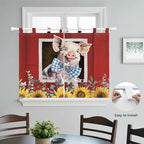 Pig Sunflowers Kitchen Curtains 45 Inch Length, Short Cafe Window Curtains Tab Top, Eucalyptus Leaves Floral Bees Red Barn Light Filtering Window Treatments Tier Drapes 27.5"x45" 2 Panel