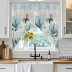Spring Floral Swag Valances for Windows, Vintage Tulips Flower Butterfly Retro Wood Blue Rod Pocket Kitchen Curtains Valance, Small Window Curtains Swag for Cafe Living Room, 2 Panels, 28x36 inch