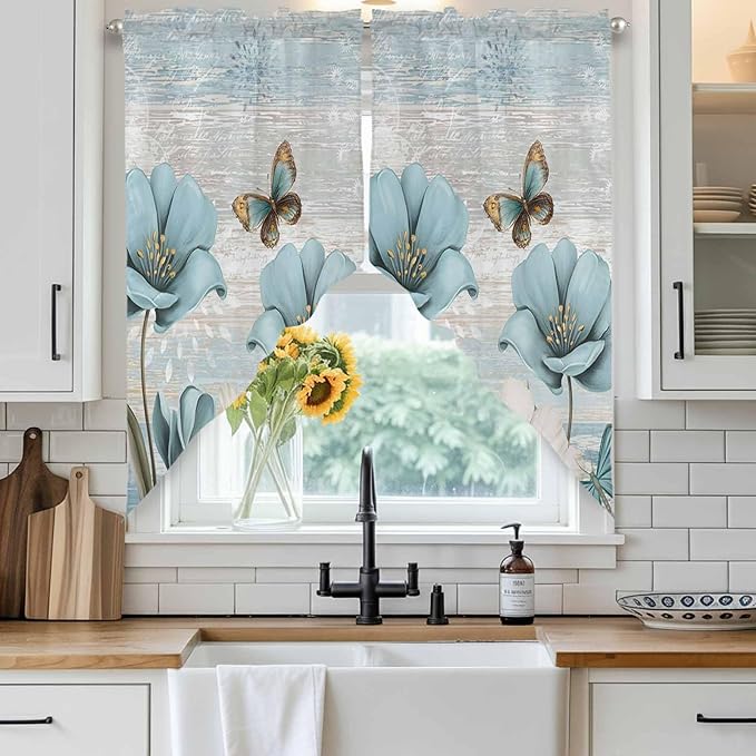 Spring Floral Swag Valances for Windows, Vintage Tulips Flower Butterfly Retro Wood Blue Rod Pocket Kitchen Curtains Valance, Kitchen Window Curtains Swag for Cafe Living Room, 2 Panels, 36x63 inch