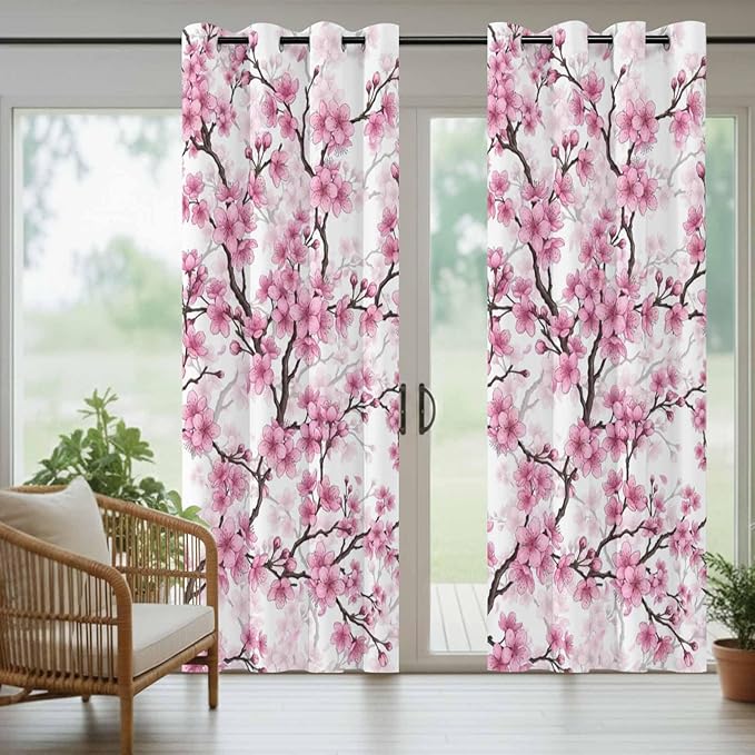 Cherry Flowers Outdoor Curtains for Patio Spring Flower Vintage Watercolor Waterproof Outside Curtains with Grommet Top Weatherproof Curtain for Cabana Pergola Gazebo, 2 Pack, 54" W x 95" L