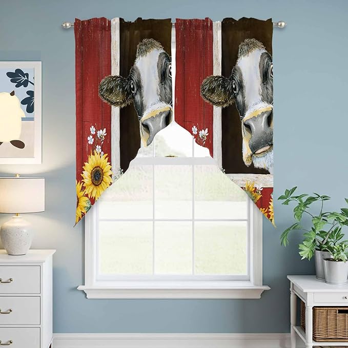 Cows Sunflowers Swag Valances for Windows, Rustic Farms Barns Flowers Bees Animals Rod Pocket Kitchen Curtains Valance, Kitchen Window Curtains Swag for Cafe Bathroom Living Room, 2 Panels, 36x45 inch