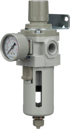 PneumaticPlus SAW400-N04BG Compressed Air Filter Regulator Piggyback Combo 1/2" NPT - Poly Bowl, Manual Drain, Bracket, Gauge