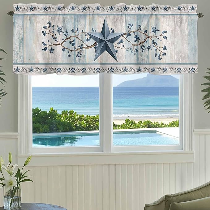 Texas Star Blue Curtain Valances for Windows, Kitchen Valance Window Treatment, Farmhouse Country Branches Wooden Grain Light Filtering Block Curtains for Bathroom/Bedroom/Living Room 42'' x 18''