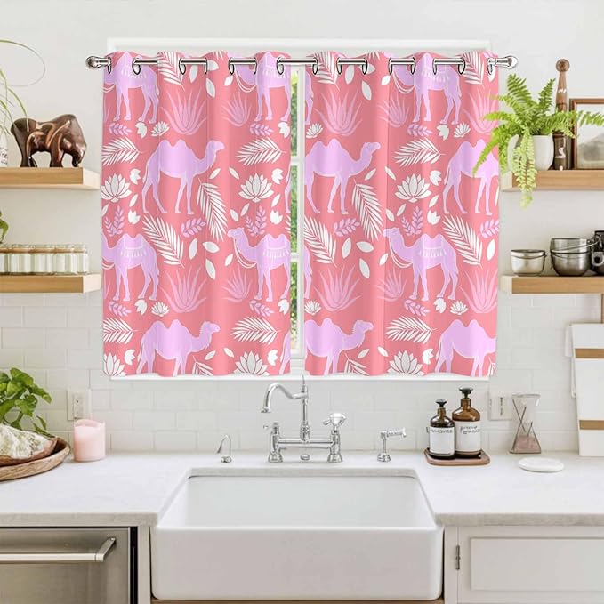 2 Panel Kitchen Cafe Curtains, Desert Camel Sunlight Filtering Nature Air Through, Window Decor Tier Curtains for Living Room 104W x 63L inch Vintage Sand Camel Leaves Flower Pattern Pink