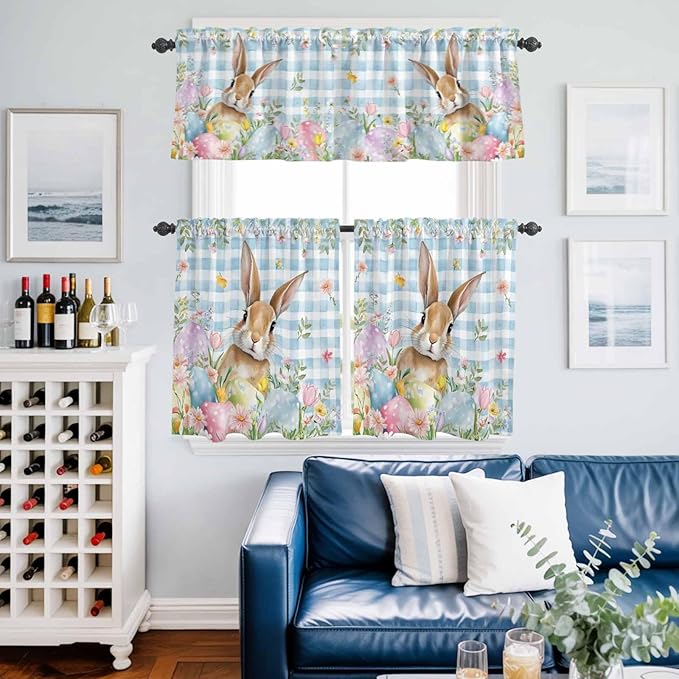 Kitchen Curtains Tiers and Valance Set of 3, Easter Light Filtering Window Curtain Set, Spring Rabbit Eggs Seasonal Flowers Blue Lattice Rod Pocket Curtain Drapes for Living Room, 36 Inches Tiers