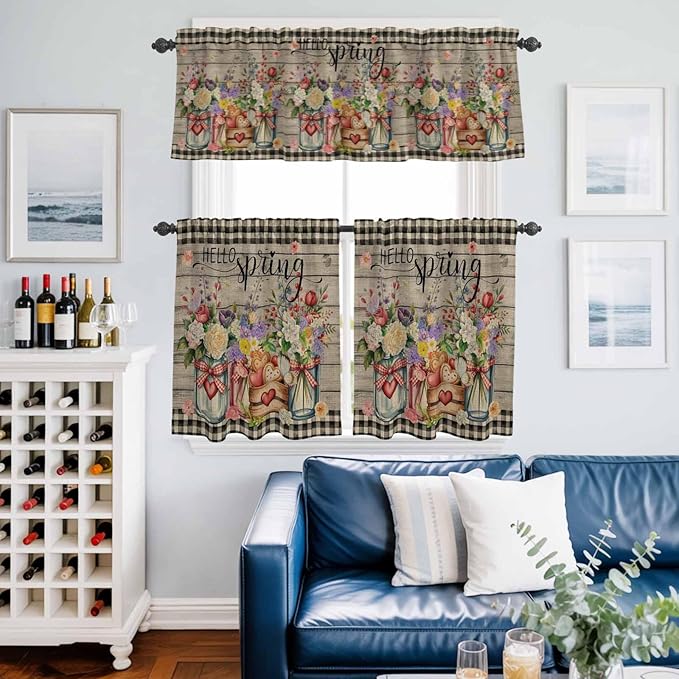 Spring Flowers Kitchen Curtains Set 3 Piece for Windows, Rod Pocket Valance and Tier Set 36 Inch Length, Farmhouse Vintage Black Plaid Wood Grain Light Filtering Cafe Curtains for Living Room Bathroom