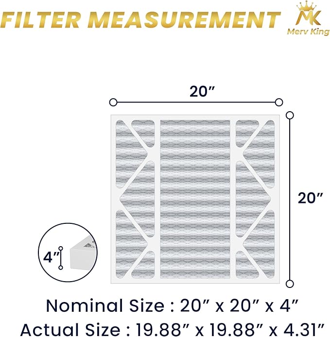 MervKing 20x20x4 Air Filter Actual Size: 19.88" x 19.88" x 4.31" MERV 8 MPR 600-700 | MADE IN USA | 4-Pack | Pleated HVAC AC Furnace Replacement