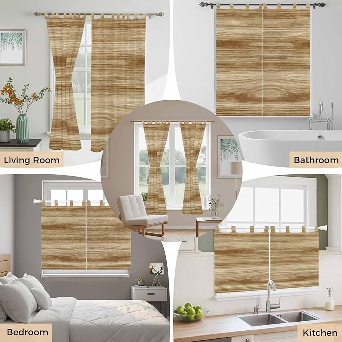 Light Brown Wood Grain Kitchen Curtains 24 Inch Length, Small Window Curtains Tab Top, Western Farmhouse Barn Door Light Filtering Short Window Treatments Tier Drapes 27.5"x24" 2 Panel