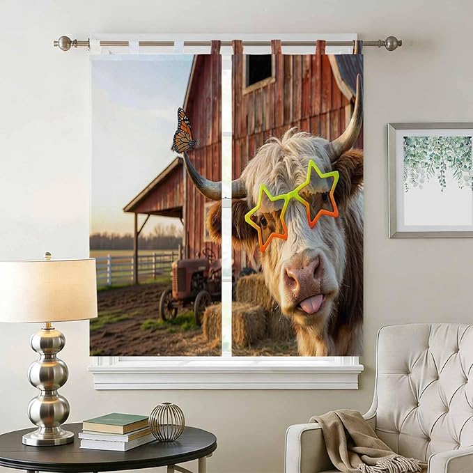 Farm Yaks Bedroom Curtains 72 Inch Length, Window Curtains Tab Top, Farmhouse Barn Funny Animals Butterfly Light Filtering Window Treatments Drapes 52"x72" 2 Panel