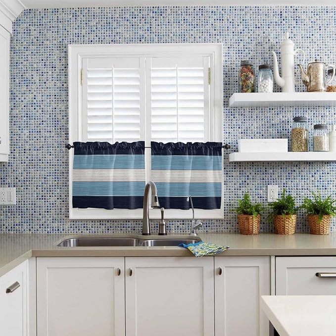 Vintage Country Woodcuts Window Valance Curtains, Blue Gradient Striped Light Filtering Kitchen Valance with 3-inch Rod Pocket for Living Room Bathroom Bedroom,2 Panel,27.5x36In