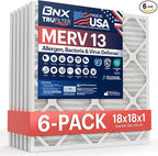 BNX TruFilter 18x18x1 Air Filter MERV 13 (6-Pack) - MADE IN USA - Electrostatic Pleated Air Conditioner HVAC AC Furnace Filters for Allergies, Pollen, Mold, Bacteria, Smoke, Allergen, MPR 1900 FPR 10
