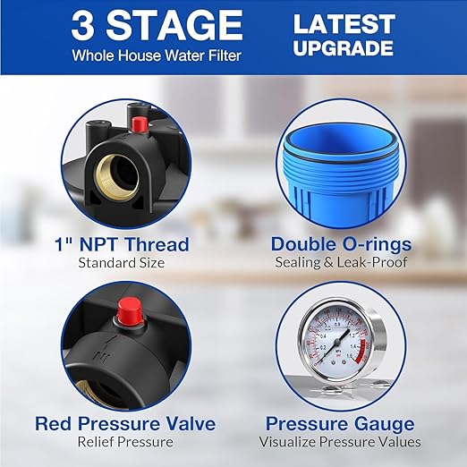 SimPure Whole House Water Filter System, 3 Stages Clear Home Water Pre-Filtration with Carbon Sediment and KDF Filters, Reduce Iron, Chlorine, Manganese...(DB20P-3KDF)