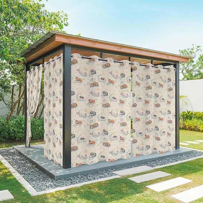Cartoon Animals Outdoor Curtains for Patio Raccoons Rabbits Moon Linen Texture Waterproof Outside Curtains with Grommet Top Weatherproof Curtain for Cabana Pergola Gazebo, 1 Panel, 54" W x 95" L