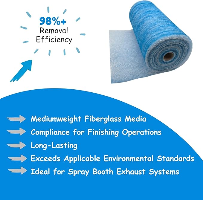 Paint Booth Exhaust Fiberglass Filter Roll, Blue/White Paint Arrestor for Spray Booth (48" x 200ft)