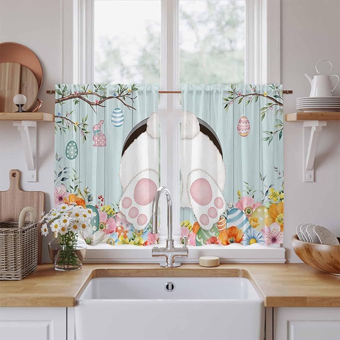 Easter Bunny Kitchen Curtains 54 Inch Long 2 Panel Set,Rod Pocket Window Curtains Panels,Easter Eggs Spring Farmhouse Wood Grain Teal Blue Light Filtering Privacy Draperies for Bedroom 42"W x 54"L