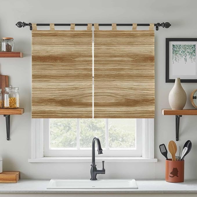 Light Brown Wood Grain Kitchen Curtains 45 Inch Length, Short Cafe Window Curtains Tab Top, Western Farmhouse Barn Door Light Filtering Window Treatments Tier Drapes 27.5"x45" 2 Panel