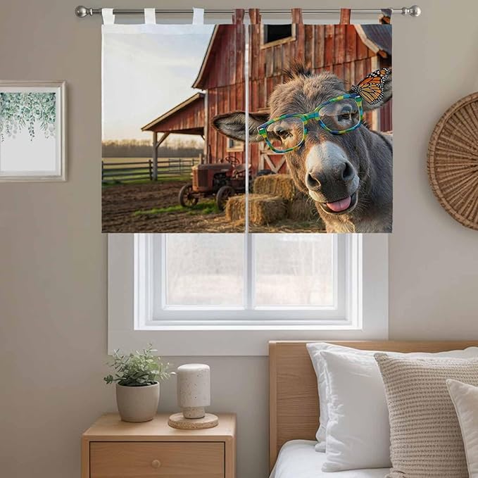 Farm Donkeys Bedroom Curtains 63 Inch Length, Window Curtains Tab Top, Farmhouse Barn Funny Animals Butterfly Light Filtering Window Treatments Drapes 42"x63" 2 Panel