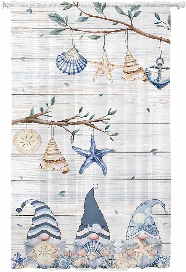 Sheer Curtains 96 Inches Long, Coastal Eucalyptus Semi Sheer Curtains Light Filtering Window Treatment, Ocean Blue Gnomes Starfish Leaf Wood Grain Privacy Voile Drapes for Living Room 52x96 Inch