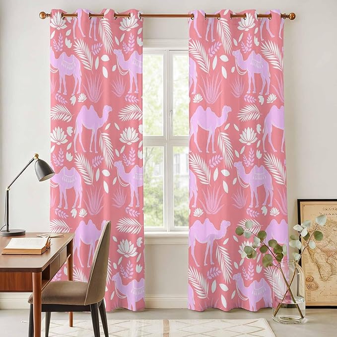 2 Panel Kitchen Cafe Curtains, Desert Camel Sunlight Filtering Nature Air Through, Home Decor Window Covering Tier Curtains for Living Room 80W x 84L inch Vintage Sand Camel Leaves Flower Pattern Pink