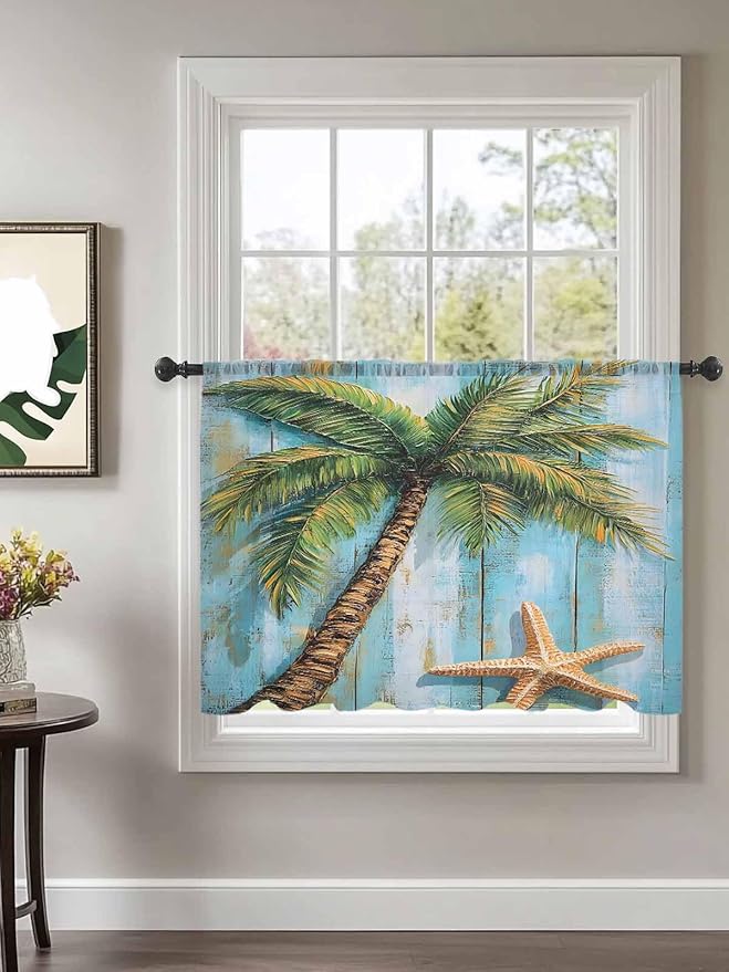 Sheer Curtains 45 Inch Length, Coastal Beach Tree Semi Sheer Curtains Light Filtering Window Treatment, Summer Tropical Starfish Wood Grain Privacy Voile Drapes for Living Room Bedroom 52x45 Inch