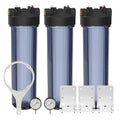 Max Water Whole House 20" x4.5" Purple Clear WH Water Filter Housing 1 inch Inlet/Outlet Ports with Pressure Gauge Wrench and Bracket (3 Housing + 2 Pressure Gauge)